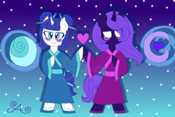 Size: 3000x2000 | Tagged: safe, artist:alannaartroid, princess luna, tantabus, pony, unicorn, alternate design, alternate hairstyle, alternate universe, bipedal, blushing, chopsticks in hair, clothes, female, hairpin, heart, holding hooves, lesbian, lunabus, mare, race swap, redesign, sandals, shipping, vaguely asian robe