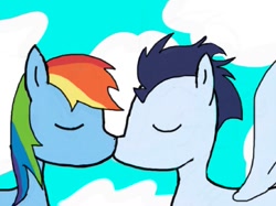 Size: 1024x766 | Tagged: safe, artist:glitcheduniverse, rainbow dash, soarin', pegasus, pony, female, kissing, male, shipping, soarindash, straight