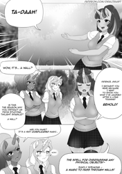 Size: 3000x4250 | Tagged: safe, artist:draltruist, princess luna, sunset shimmer, twilight sparkle, anthro, comic:twilight's new spell, arm boob squeeze, blushing, clothes, comic, grayscale, manga, monochrome, school uniform, wall