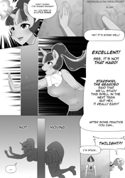 Size: 3000x4250 | Tagged: safe, artist:draltruist, princess luna, twilight sparkle, twilight sparkle (alicorn), alicorn, anthro, comic:twilight's new spell, blushing, clothes, comic, faceless female, female, grayscale, i've seen enough hentai to know where this is going, manga, monochrome, offscreen character, phasing, school uniform, stuck, sweat, through wall, wall