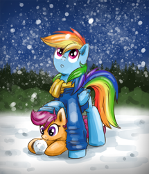 Size: 700x815 | Tagged: dead source, safe, artist:xioade, rainbow dash, scootaloo, pegasus, pony, clothes, hat, jacket, scarf, scootalove, snow, snowball, snowfall