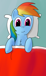 Size: 1381x2263 | Tagged: safe, artist:tggeko, rainbow dash, pegasus, pony, bed, blue coat, female, mare, multicolored mane, solo