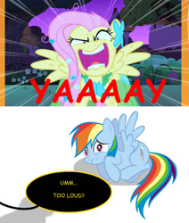 Size: 823x970 | Tagged: safe, fluttershy, rainbow dash, pegasus, pony, flutterrage, scared, scaredy dash, screaming, yay