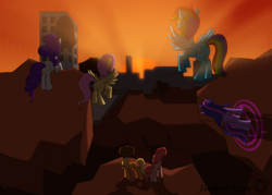 Size: 2100x1500 | Tagged: safe, artist:junker-kun, derpibooru import, applejack, fluttershy, pinkie pie, rainbow dash, rarity, twilight sparkle, earth pony, pegasus, pony, unicorn, building, sunset