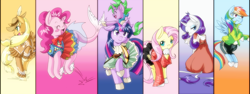 Size: 1642x615 | Tagged: safe, alternate version, artist:boastudio, artist:rmzero, derpibooru import, applejack, fluttershy, pinkie pie, rainbow dash, rarity, twilight sparkle, twilight sparkle (alicorn), alicorn, earth pony, hybrid, merpony, pegasus, pony, unicorn, alternate costumes, alternate hairstyle, alternate universe, asian dress, asian pony, clothes, double tail, double tail unicorn, europe, female, italian, mare, mexican, pagliacci costume, ponified spike, russian, russian dress, spanish, sports, sports shorts, tamaulipas typical dress, unicornio de doble cola