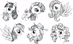 Size: 7394x4470 | Tagged: safe, artist:talonsword, derpibooru import, applejack, fluttershy, opalescence, owlowiscious, pinkie pie, rainbow dash, rarity, twilight sparkle, earth pony, pegasus, pony, unicorn, absurd resolution, candy, grayscale, mane six, monochrome, sketch