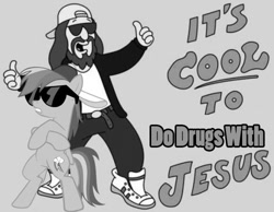 Size: 500x388 | Tagged: safe, rainbow dash, human, pegasus, pony, belt, clothes, crossed hooves, drugs, female, gray background, grayscale, hat, jesus christ, male, mare, open mouth, pants, shirt, shoes, simple background, smiling, sunglasses, text, thumbs up