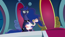 Size: 1280x720 | Tagged: safe, edit, edited screencap, screencap, princess luna, alicorn, goose, pony, sparkle's seven, :i, crossing the memes, i mean i see, luna petting goose, meme