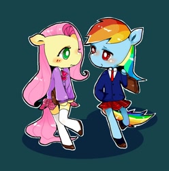 Size: 1000x1010 | Tagged: safe, artist:scorpiyo, fluttershy, rainbow dash, pegasus, pony, semi-anthro, clothes, female, flutterdash, lesbian, pixiv, school uniform, shipping