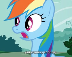 Size: 1121x879 | Tagged: safe, derpibooru import, screencap, rainbow dash, pegasus, pony, testing testing 1-2-3, descriptive noise, meme