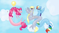 Size: 900x506 | Tagged: safe, artist:snakehands, derpibooru import, derpy hooves, pinkie pie, rainbow dash, adventure time, balloon, crossover, rainicorn, species swap, then watch her balloons lift her up to the sky