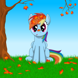 Size: 1500x1500 | Tagged: safe, artist:the1xeno1, rainbow dash, pegasus, pony, :o, autumn, autumn leaves, cute, dashabetes, leaves, sitting, solo, tree