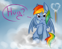 Size: 1374x1080 | Tagged: safe, artist:nyunimu, rainbow dash, pegasus, pony, :o, bronybait, cheek fluff, cloud, cloudy, cute, dashabetes, ear fluff, female, fluffy, heart, hug request, leg fluff, looking at you, mare, rainbow, raised hoof, shoulder fluff, sitting, solo, speech bubble, text, wing fluff