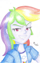 Size: 800x1249 | Tagged: safe, artist:mayorlight, derpibooru import, rainbow dash, equestria girls, bust, colored pencil drawing, grin, looking at you, portrait, solo, traditional art