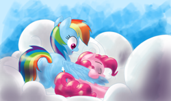 Size: 900x533 | Tagged: safe, artist:kittyhawk-contrail, derpibooru import, pinkie pie, rainbow dash, earth pony, pegasus, pony, cloud, eyes closed, fanfic, female, hug, lesbian, looking down, on a cloud, open mouth, pinkiedash, plot, prone, shipping, sky, wing blanket, winghug