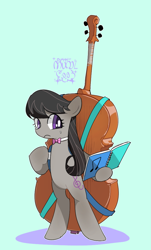 Size: 652x1076 | Tagged: safe, artist:dusty-munji, octavia melody, earth pony, pony, bipedal, cello, female, mare, music notes, musical instrument, simple background, solo, sweat