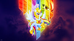 Size: 1920x1080 | Tagged: safe, artist:antylavx, artist:jennieoo, artist:ratchethun, derpibooru import, edit, rainbow dash, pegasus, pony, armor, cloud, element of loyalty, flying, helmet, royal guard, solo, stars, wallpaper, wallpaper edit