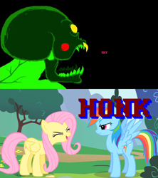 Size: 640x720 | Tagged: safe, edit, edited screencap, screencap, fluttershy, rainbow dash, pegasus, pony, sonic rainboom (episode), duo, eyes closed, female, flutteryay, homestuck, honk, lord english, mare, the vast honk, the vast yay, yay