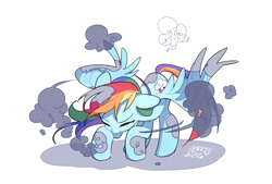 Size: 800x542 | Tagged: safe, artist:dusty-munji, rainbow dash, pegasus, pony, dust, eyes closed, female, mare, shaking, simple background, solo, spread wings, wings