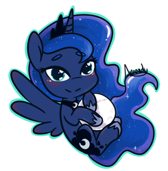 Size: 990x1012 | Tagged: safe, artist:lilliesinthegarden, princess luna, alicorn, pony, beanbrows, blushing, chibi, crown, cute, ethereal mane, eyebrows, eyebrows visible through hair, female, heart eyes, jewelry, lunabetes, mare, mare in the moon, moon, regalia, simple background, solo, starry mane, tangible heavenly object, white background, wingding eyes