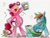 Size: 1024x768 | Tagged: safe, derpibooru import, pinkie pie, rainbow dash, earth pony, pegasus, pony, belly, bipedal, blue coat, duo, duo female, female, food, ice cream, mare, messy eating, multicolored mane, multicolored tail, open mouth, pink coat, pink mane, pink tail, simple background, smiling, spoon, white background