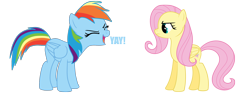 Size: 1782x660 | Tagged: safe, artist:thelittleredpony, fluttershy, rainbow dash, pegasus, pony, dialogue, duo, eyes closed, female, fluttershy is not amused, flutteryay, impact font, mare, role reversal, simple background, text, transparent background, unamused, vector, yay