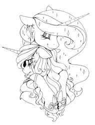 Size: 2388x3144 | Tagged: safe, artist:longinius, princess luna, oc, oc:silk lace, alicorn, pony, unicorn, alternate hairstyle, black and white, canon x oc, crying, ear piercing, earring, female, grayscale, hoof shoes, hug, jewelry, lineart, mare, monochrome, piercing, sad, shipping, smiling