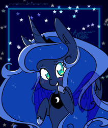 Size: 1466x1732 | Tagged: safe, artist:p-l-u-m-b-u-m, princess luna, alicorn, pony, blushing, colored pupils, cute, ear fluff, eye clipping through hair, female, looking at you, lunabetes, mare, solo, spread wings, stars, transparent mane, wings