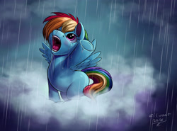 Size: 5204x3853 | Tagged: safe, artist:zilvart, derpibooru import, rainbow dash, pegasus, pony, armpits, blank flank, cloud, filly, filly rainbow dash, rain, screaming, solo, stuck