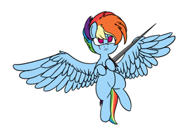 Size: 2160x1596 | Tagged: safe, artist:neuro, derpibooru import, rainbow dash, pegasus, pony, flying, frown, glare, hoof hold, simple background, solo, spread wings, sword, weapon, white background