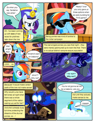 Size: 612x792 | Tagged: safe, artist:newbiespud, edit, edited screencap, screencap, princess luna, rainbow dash, rarity, alicorn, bat pony, pegasus, pony, comic:friendship is dragons, testing testing 1-2-3, ancient wonderbolts uniform, armor, book, bookcase, clothes, cloud, comic, dialogue, female, flying, glowing eyes, golden oaks library, grin, hat, hoof shoes, male, mare, night guard, on a cloud, screencap comic, smiling, stallion, sunglasses, thinking, uniform