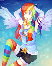 Size: 2000x2500 | Tagged: safe, artist:twigileia, derpibooru import, rainbow dash, human, armpits, clothes, humanized, rainbow socks, scarf, socks, solo, striped socks