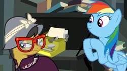 Size: 1920x1080 | Tagged: safe, a.k. yearling, daring do, rainbow dash, pegasus, pony, daring don't, season 4, glasses, official, typewriter, wallpaper