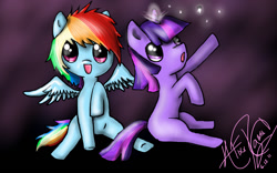 Size: 1280x800 | Tagged: safe, artist:whennarwalsattack, derpibooru import, rainbow dash, twilight sparkle, pegasus, pony, filly