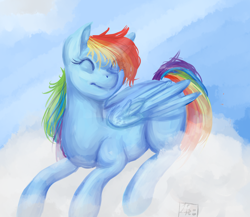 Size: 1246x1080 | Tagged: safe, artist:lisa400, derpibooru import, rainbow dash, pegasus, pony, cloud, eyes closed, missing cutie mark, painting, prone, sky, smiling, solo