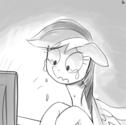 Size: 734x731 | Tagged: safe, artist:ehfa, derpibooru import, rainbow dash, pegasus, pony, crying, floppy ears, grayscale, monitor, monochrome, reaction image, sad, solo, spread wings, wavy mouth