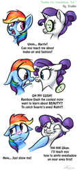 Size: 633x1400 | Tagged: safe, artist:erudier, rainbow dash, rarity, soarin', pegasus, pony, unicorn, blushing, comic, cucumber, dialogue, female, male, shipper on deck, shipping, soarindash, straight