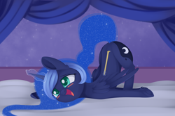 Size: 2276x1524 | Tagged: safe, artist:dusthiel, princess luna, alicorn, pony, back scratcher, blushing, cute, face down ass up, female, glowing horn, heart, heart hoof, horn, leg fluff, lunabetes, magic, mare, open mouth, scratching, solo, telekinesis, underhoof