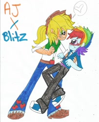 Size: 1024x1264 | Tagged: safe, artist:xxfluffypachirisuxx, derpibooru import, applejack, applejack (male), rainbow blitz, rainbow dash, equestria girls, appleblitz (gay), appledash, equestria guys, gay, humanized, male, rule 63, shipping, traditional art