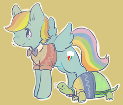 Size: 496x425 | Tagged: safe, artist:johto, artist:uutan, rainbow dash, tank, pegasus, pony, bowtie, clothes, no more ponies at source, sweater