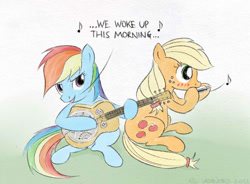 Size: 640x472 | Tagged: safe, artist:el-yeguero, derpibooru import, applejack, rainbow dash, earth pony, pegasus, pony, guitar, harmonica, hatless, missing accessory, musical instrument, singing