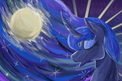 Size: 4500x3000 | Tagged: safe, artist:eillahwolf, princess luna, alicorn, pony, absurd file size, bust, digital painting, ethereal mane, eyes closed, full moon, moon, night, portrait, solo