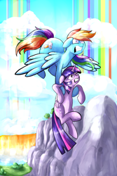 Size: 2400x3600 | Tagged: safe, artist:tofutiles, rainbow dash, twilight sparkle, twilight sparkle (alicorn), alicorn, pegasus, pony, carrying, cloudsdale, female, flying, flying fail, mare