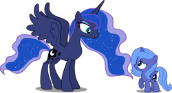 Size: 5189x2813 | Tagged: safe, artist:dashiesparkle, artist:zacatron94, edit, editor:slayerbvc, princess luna, alicorn, pony, accessory-less edit, barehoof, duality, eye contact, female, filly, inverted mouth, looking at each other, looking down, looking up, mare, missing accessory, raised hoof, self ponidox, simple background, smiling, time paradox, transparent background, vector, vector edit, woona, younger