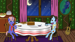 Size: 1920x1080 | Tagged: safe, artist:onlymeequestrian, princess luna, oc, alicorn, earth pony, pony, unicorn, apple, chair, food, guitar, moon, musical instrument, table, window