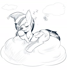 Size: 1210x1310 | Tagged: safe, artist:kitaji, derpibooru import, pinkie pie, rainbow dash, earth pony, pegasus, pony, cloud, grayscale, monochrome, sleeping, solo