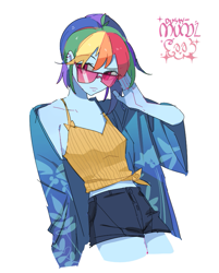 Size: 619x768 | Tagged: safe, artist:dusty-munji, rainbow dash, equestria girls, alternate hairstyle, clothes, looking at something, midriff, shorts, simple background, solo, sunglasses