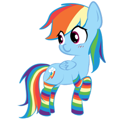 Size: 883x905 | Tagged: safe, artist:flaminbunny, rainbow dash, pegasus, pony, blushing, clothes, rainbow socks, raised hoof, simple background, socks, solo, standing, striped socks