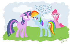 Size: 1024x621 | Tagged: safe, artist:citron--vert, derpibooru import, pinkie pie, rainbow dash, twilight sparkle, earth pony, pegasus, pony, too many pinkie pies