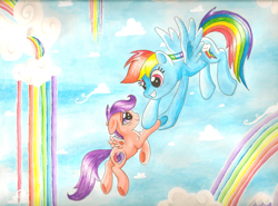 Size: 1024x759 | Tagged: safe, artist:deadliestvenom, derpibooru import, rainbow dash, scootaloo, pegasus, pony, scootalove